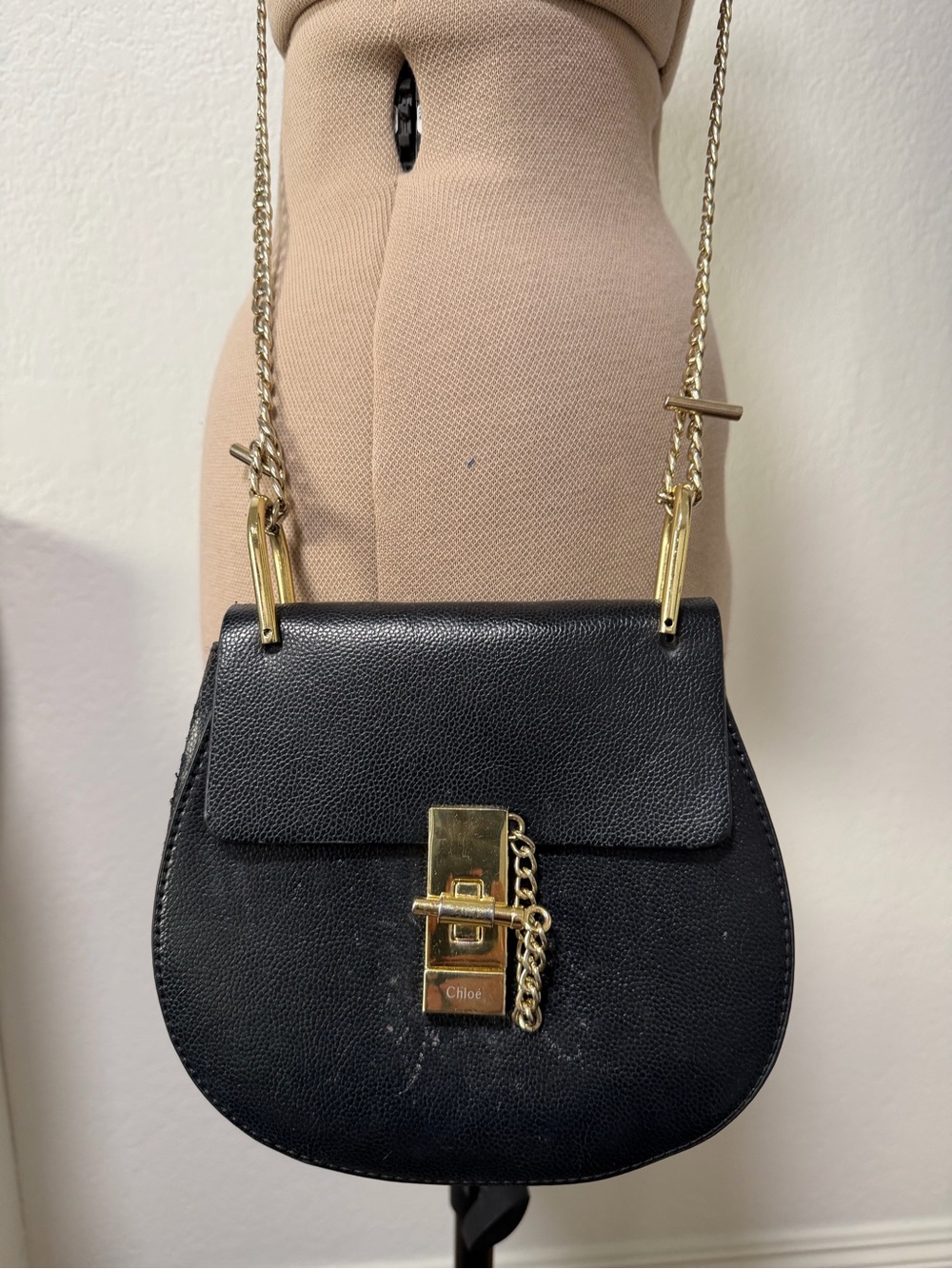 Chloe Black Leather Mini Saddle Bag with Gold Chain